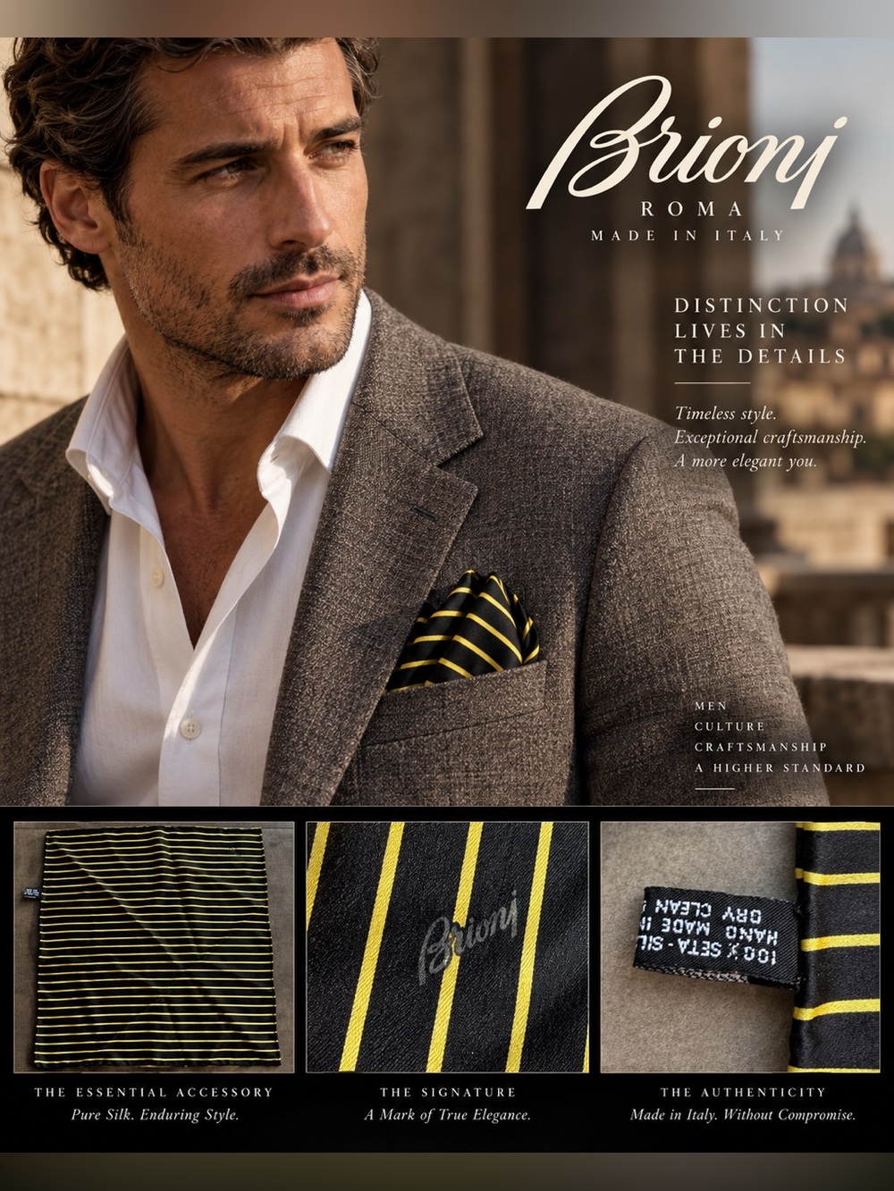 Brioni Black Pocket Square with Yellow Stripes